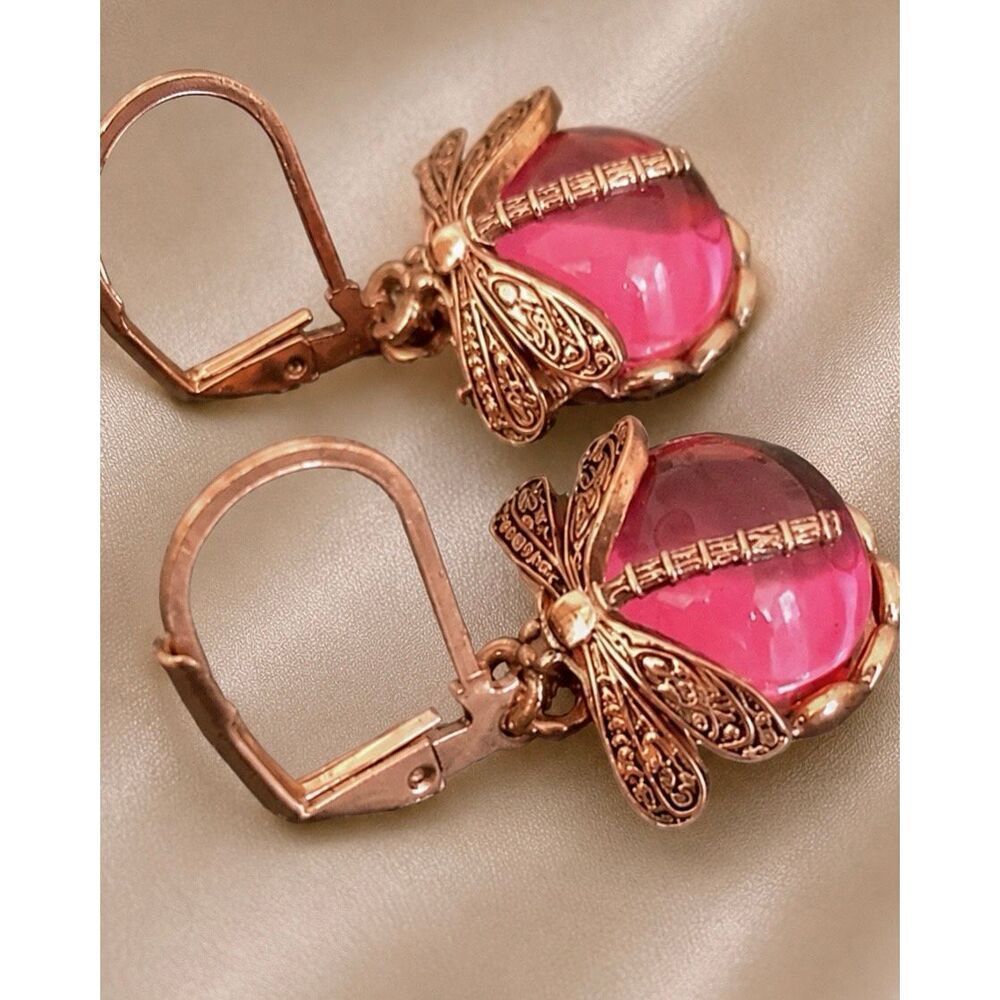 Pink Dragonfly Earrings Vintage Victorian Style Rose Gold Tone